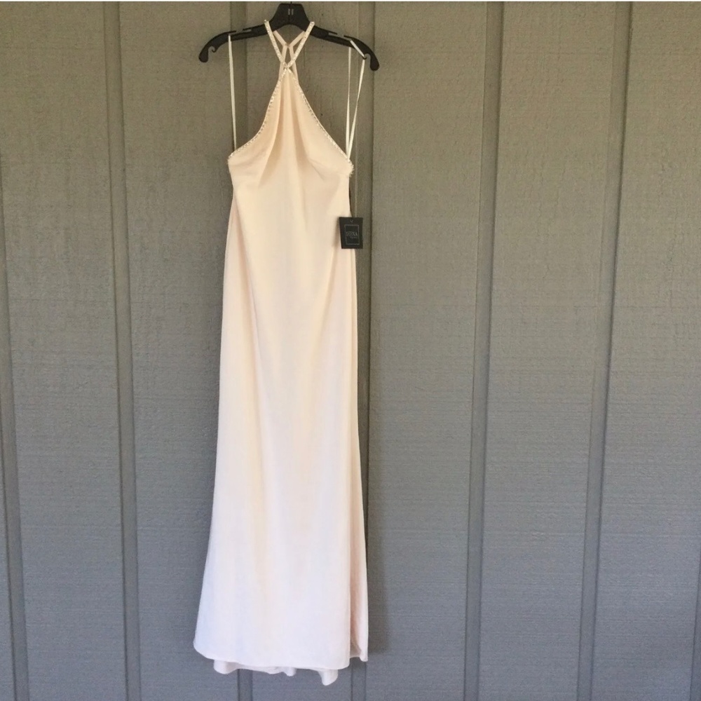 Ieena For Mac Duggal Rhinestone Halter Neckline Column Gown In Porcelain Size 2